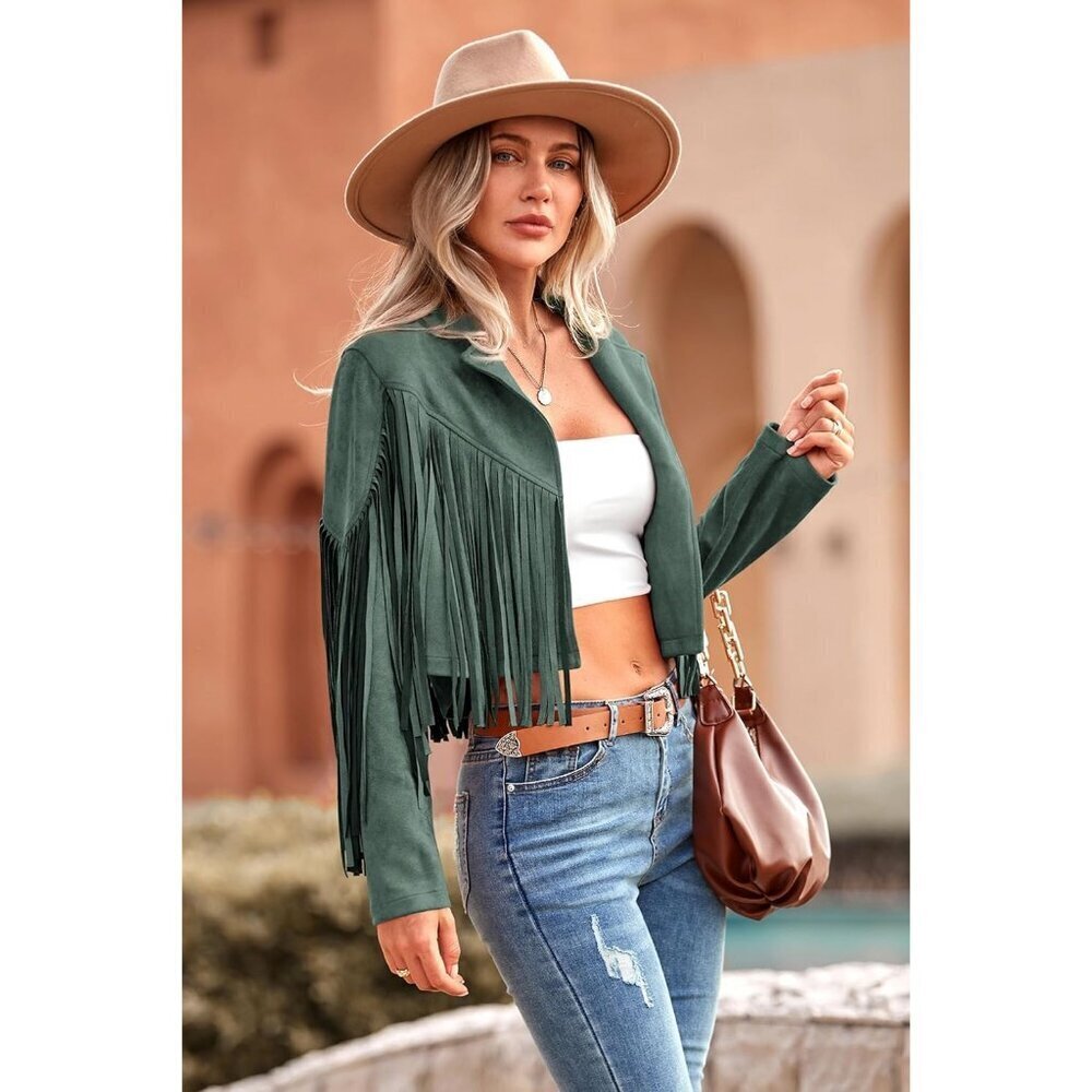 🆕Women's Green Fringe Faux Suede Leather Jacket Tassel Cropped Fal 2025 Coat - Picture 5 of 9